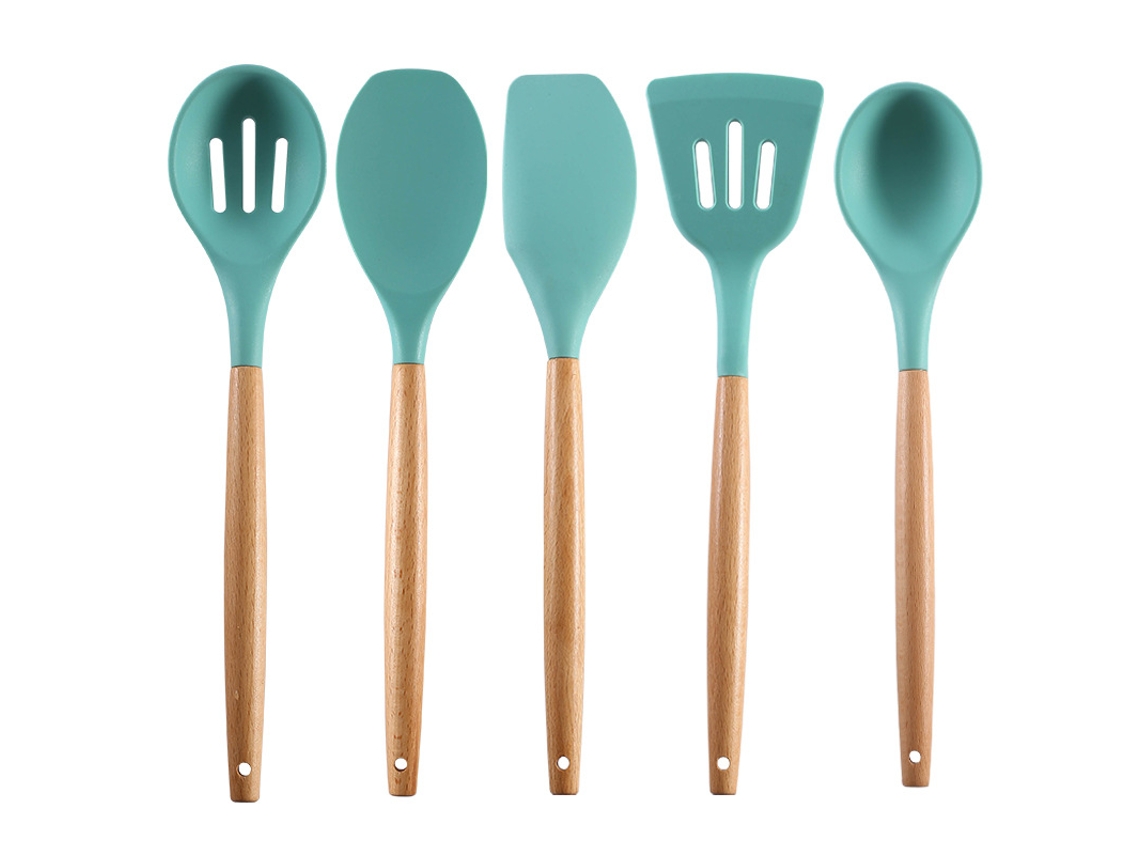 Conjunto De Utensílios De Cozinha De Silicone Antiaderente Com Cabo De Madeira De Acácia Natural Livre De Bpa Utensílios De Cozimento Verde 