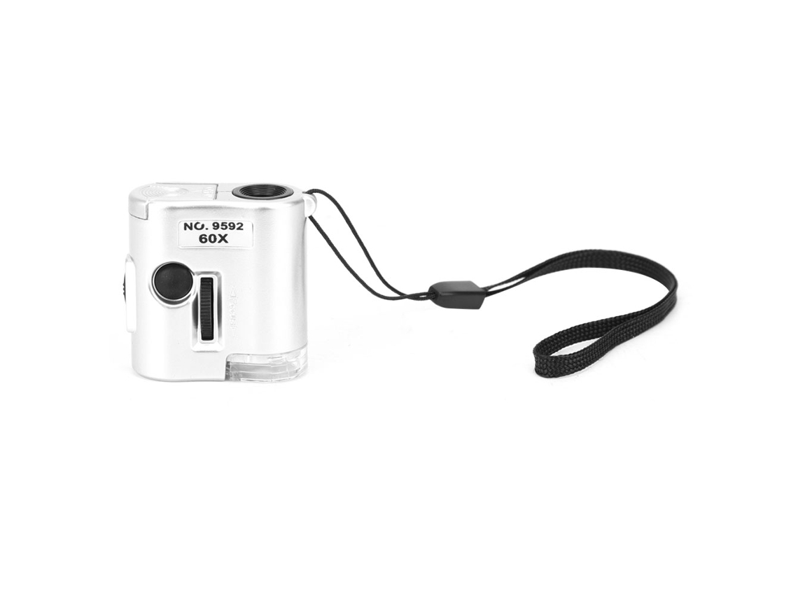 Mini microscopio de bolsillo de 60 aumentos con detector de falsificaciones LED.