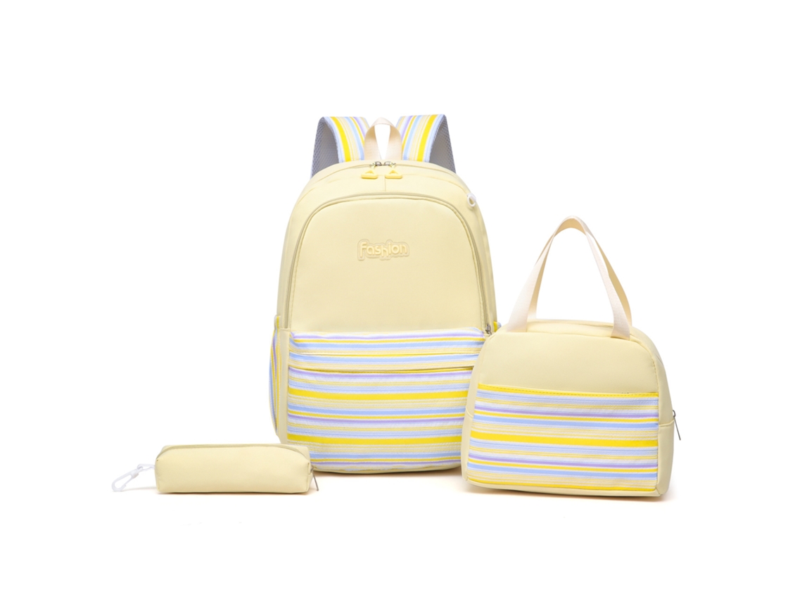 Mochila de tres piezas, mochila a rayas, mochila escolar amarilla