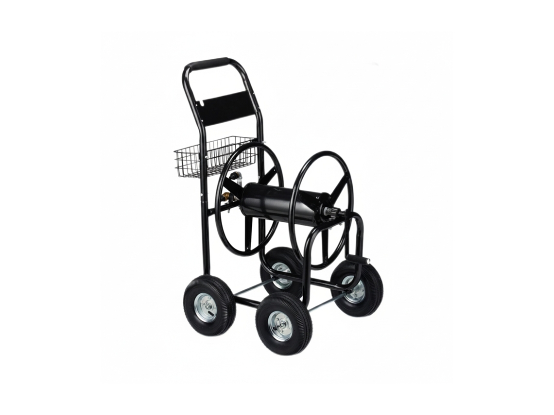 Relaxdays Carro Para Manguera, Cuatro Ruedas De Goma, Xl, Con Manivela, Para 60m, Metal, 114 X 64 X 90 Cm, 1 Ud., Negro