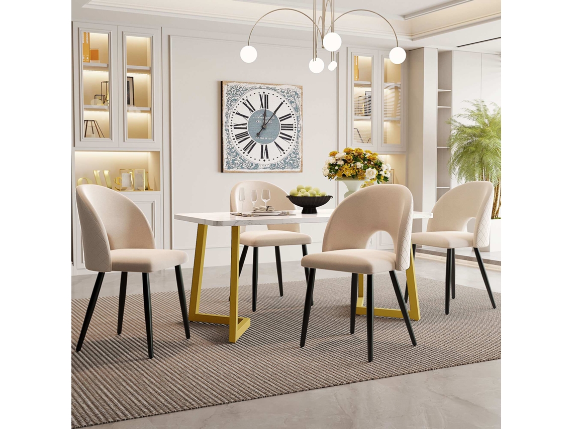 Conjunto De Comedor 117×68 Cm Mesa Rectangular Con 4 Sillas Silla En Terciopelo Beige, Patas Doradas Mobrio