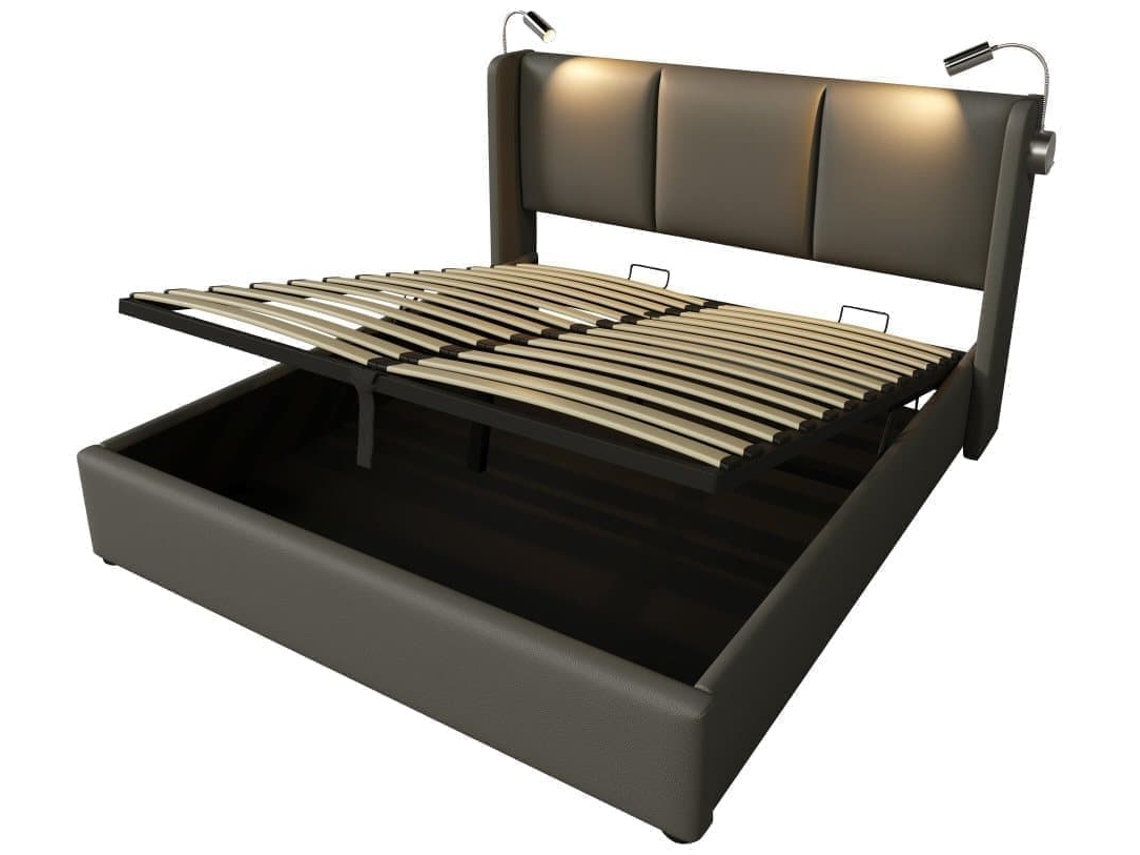 Cama Contenedor Piel Sintética 140x200 Cm - Luces Lectura, Puertos Carga Usb - Gris
