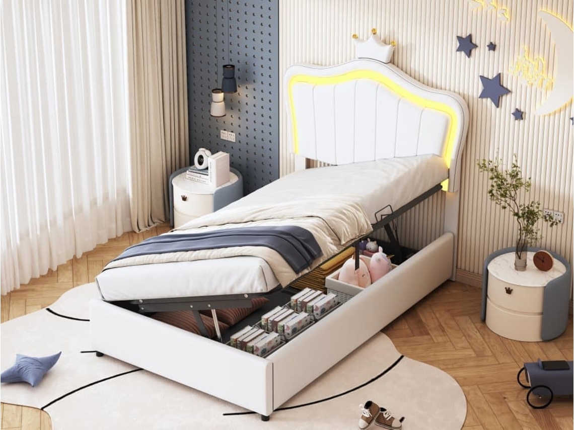 Cama Contenedor De Piel Sintética 90x200 Cm - Con Led Y Somier - Blanco