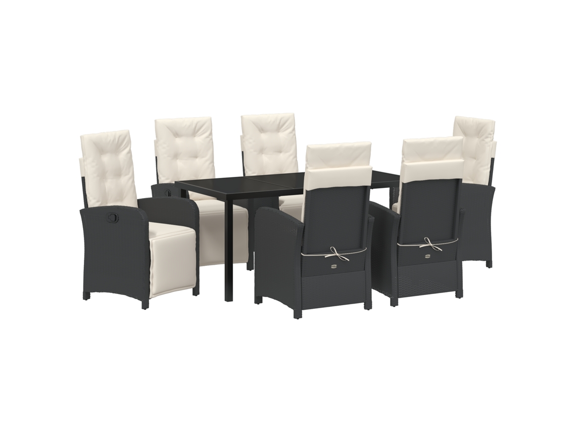 Conjunto de comedor de jardín Vidaxl de 7 piezas con cojines, negro, poliéster y ratán