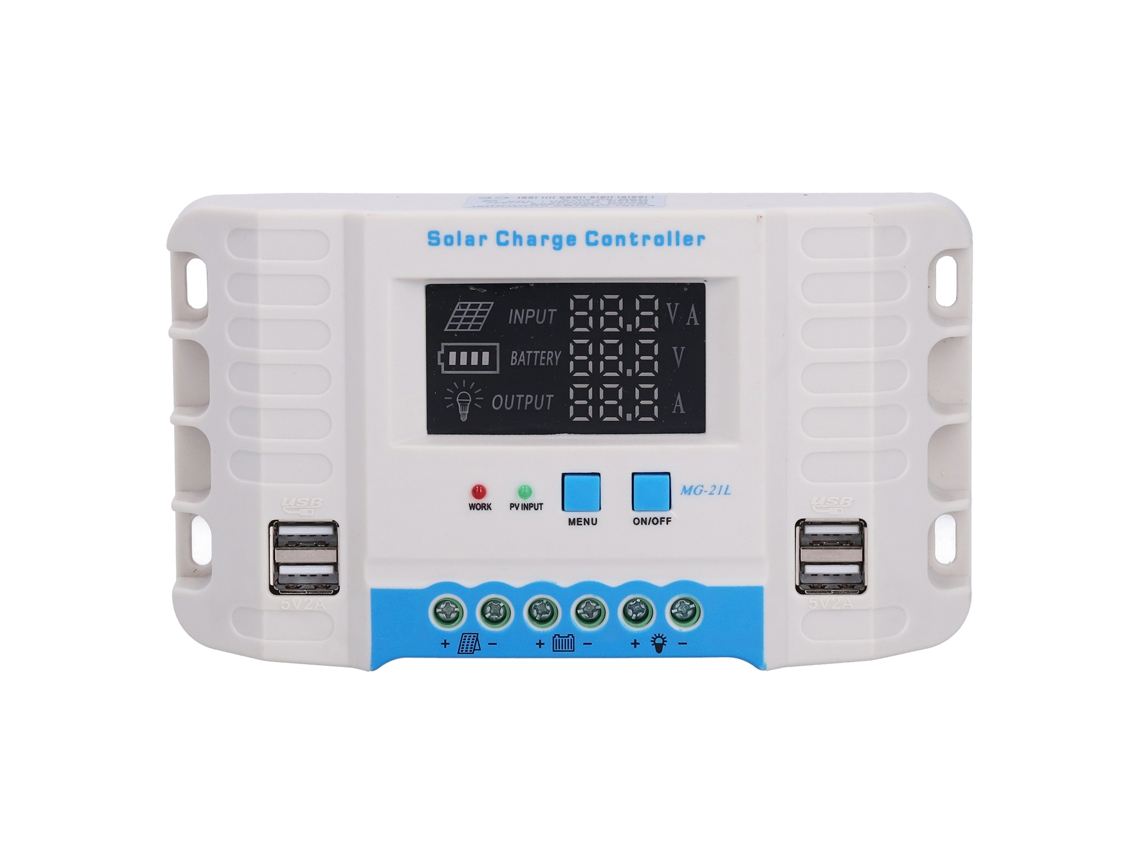 Controlador de carga solar PWM de 10 A, 12 V/24 V con pantalla LCD y carcasa de ABS para uso residencial.