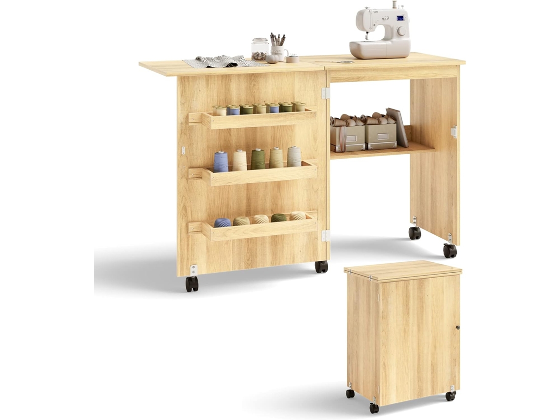 Mesa de costura plegable con ruedas para máquina de coser (natural claro)