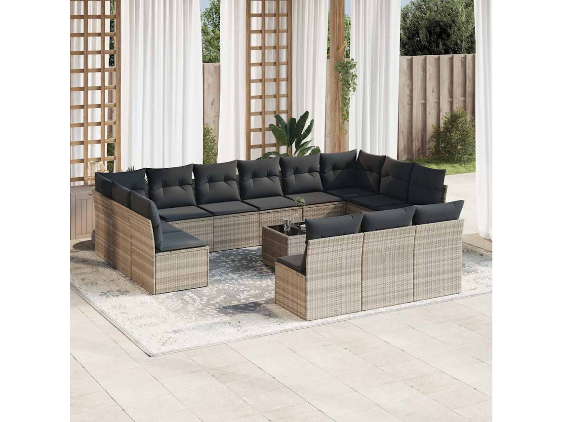 14 unidades Conjunto. Sofás Jardim Com Almofadões Vime Pe Cinzento Claro Dkd Home Decor