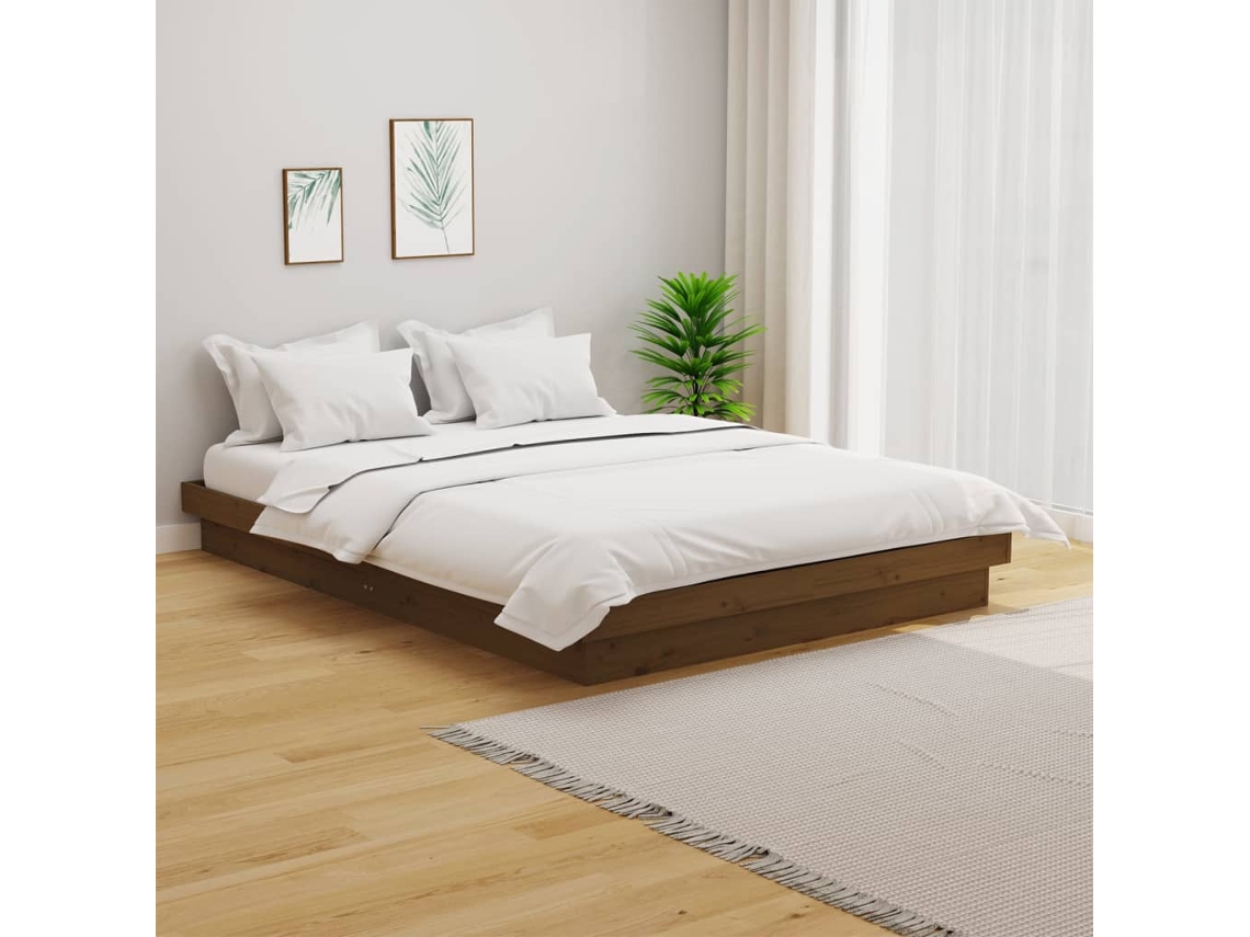 Estructura De Cama Doble Sin Colchón Madera Maciza Marrón Miel