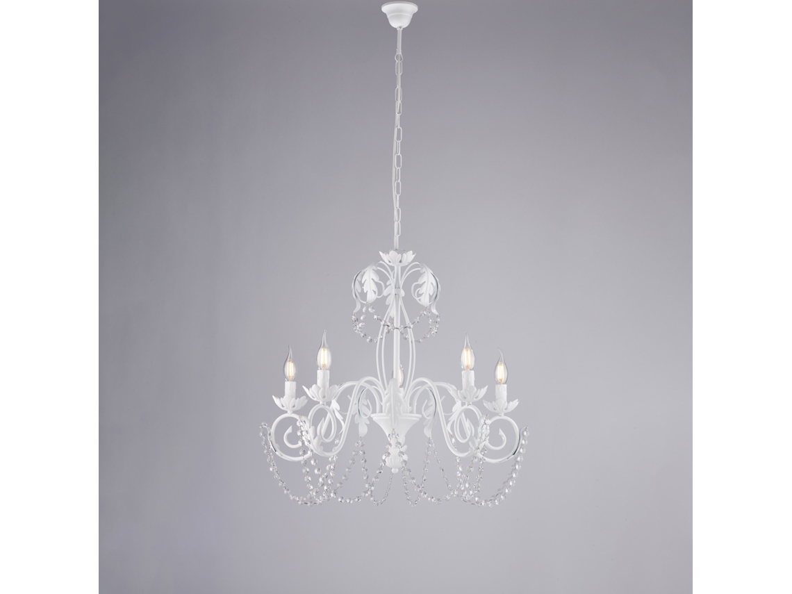 Lámpara de araña Damasco de hierro lacado en blanco con decoración. Efecto shabby chic y cristales de imitación. 5 luces. 125 Ø63 Bl77. 5 Bco Belight.