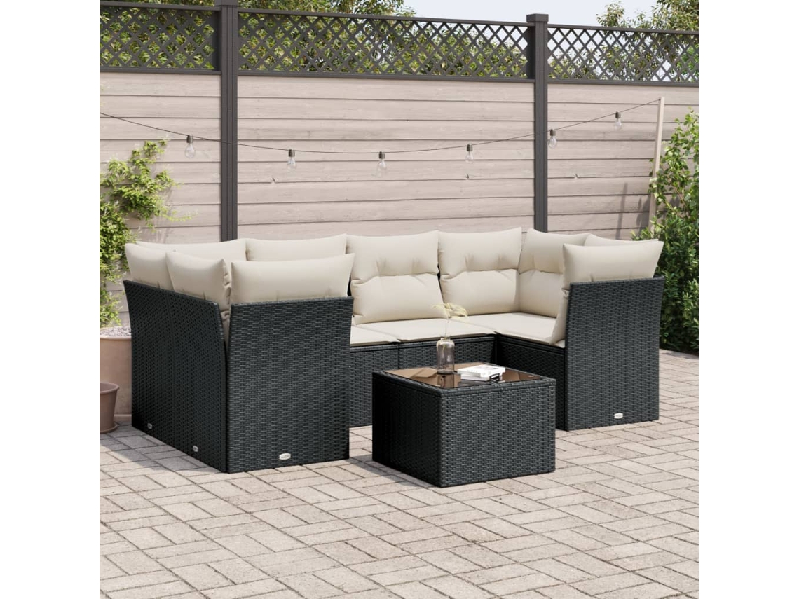 Conjunto de sofá de jardín de 7 piezas con cojines, ratán negro, Dkd Home Decor