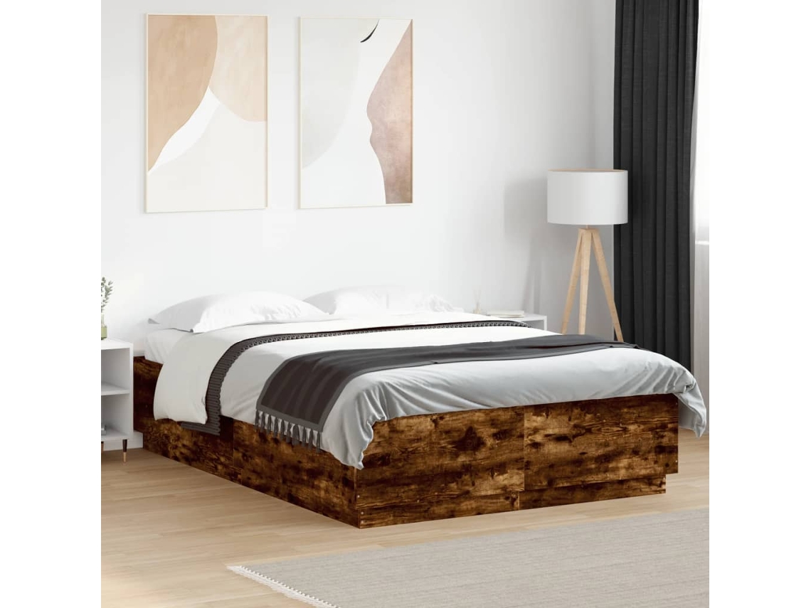 Estructura Cama Con Luces Led Madera Roble Ahumado 140x200 Cm
