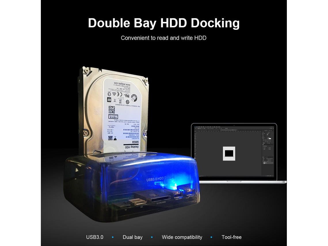Base Docking De Disco Duro Usb 3.0 Para 2.5/3.5 Ide E Sata, Doble Bahía, Instalación Sin Herramientas
