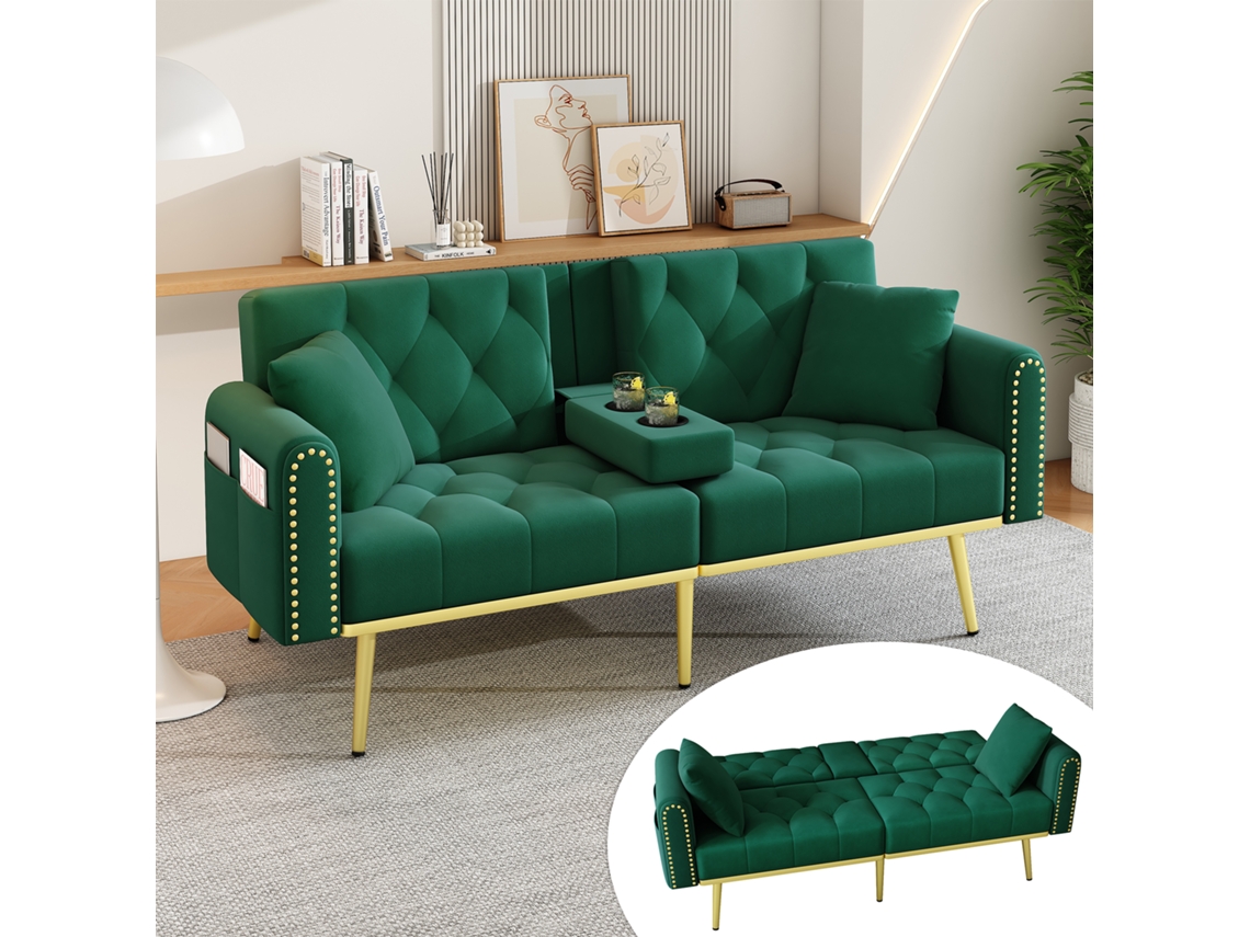 Sofá Cama 2 Plazas - Función De Cama, 3 Posiciones, Portavasos - Verde