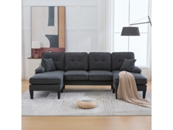 Sofá En U De 4 Plazas En Lino Gris Oscuro, Doble Chaise Longue, Respaldo Moderno, Cojines Mullidos, Elegante Salón Familiar.