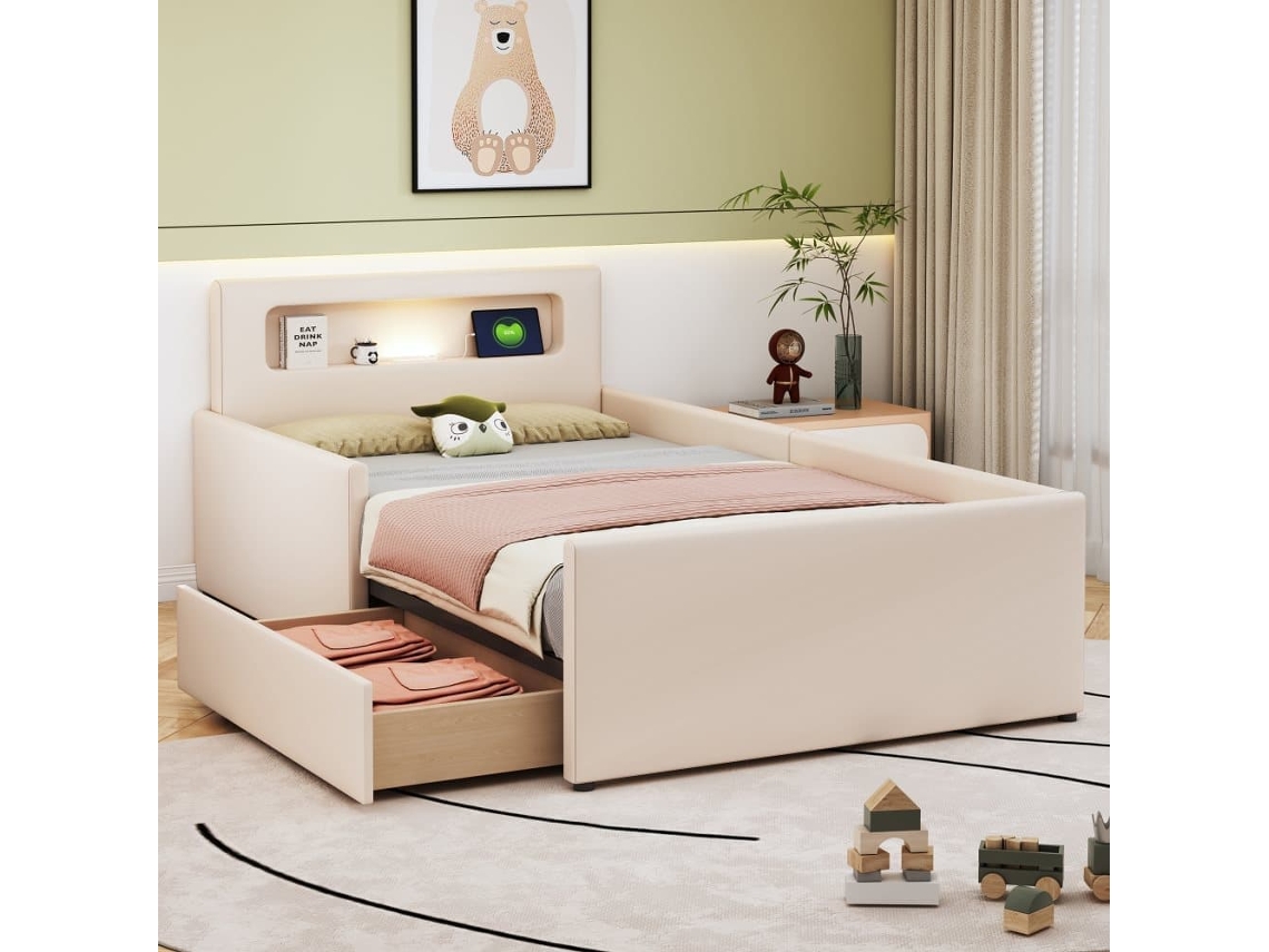 Cama Infantil 90x200 Cm, Luz Nocturna, Usb, Almacenaje, Laterales Elevados, Imitación Cuero, Beige