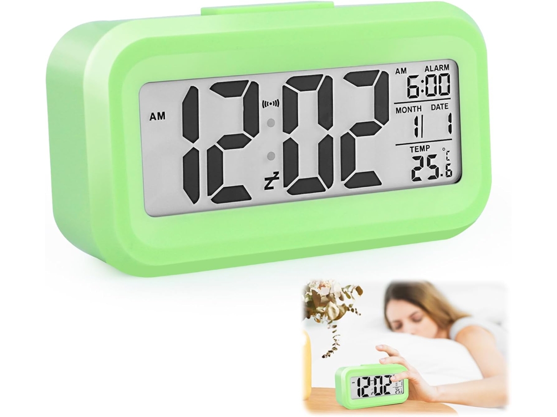 Reloj despertador digital LCD Yuysan con termómetro, función de repetición inteligente, funciona a pilas, portátil para escritorio, oficina o uso familiar (verde)