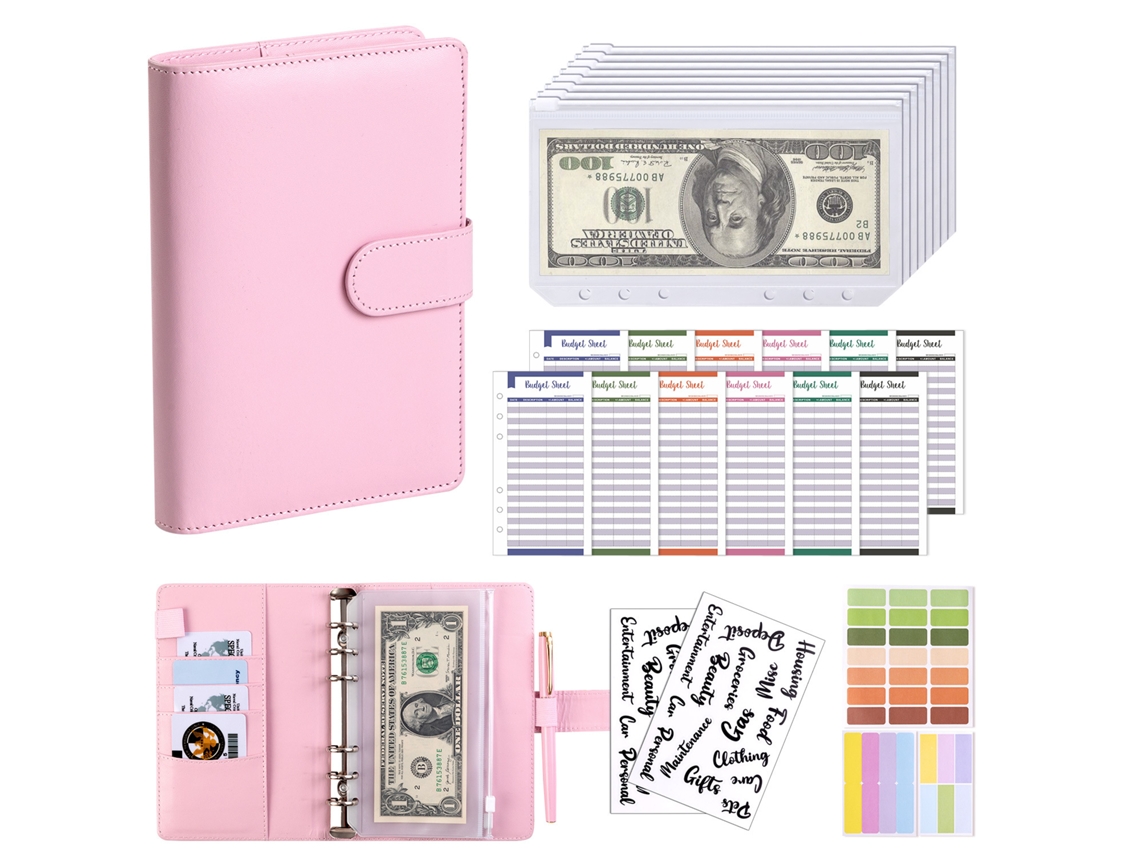 Cuaderno Siurn A6 de hojas sueltas en piel sintética con 8 sobres A6 con cierre para presupuestos de Pink Money
