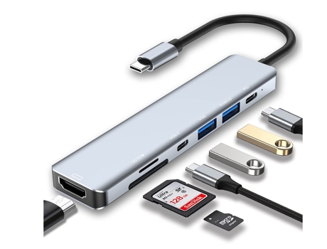 USB C Hub 7 en 1, adaptador USB C con 4K HDMI, dos puertos USB-C, USB 3.0, lector de tarjetas SD/TF, admite carga rápida de 100 W (negro) CHRONUS