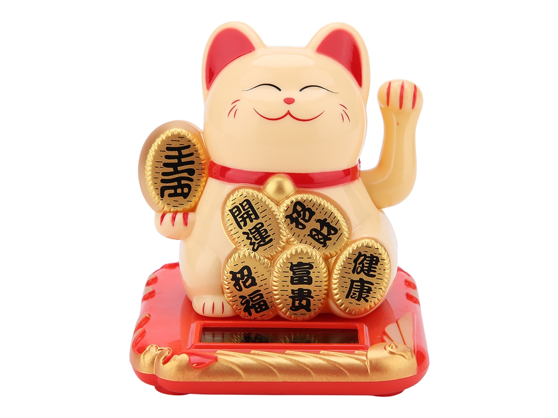 Gato solar decorativo dorado saludando