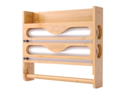 Relaxdays Soporte De Pared 3 En 1 Para Rollos De Cocina, Aluminio Y Film, Bambú, Hxanxprof: 27 X 35 X 7 Cm, Natural