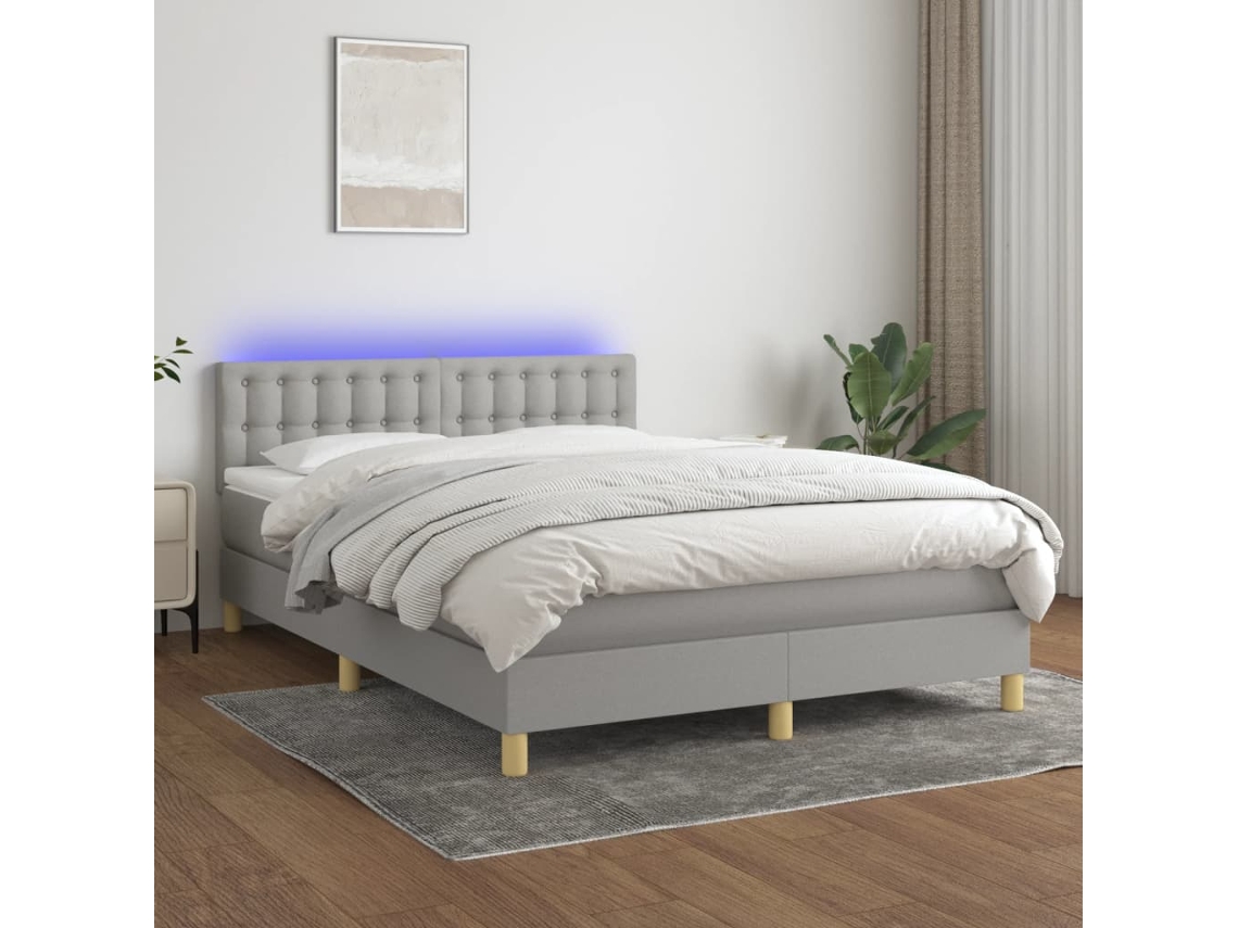Cama Box Spring Colchón Y Luces Led Tela Gris Claro 140x190 Cm