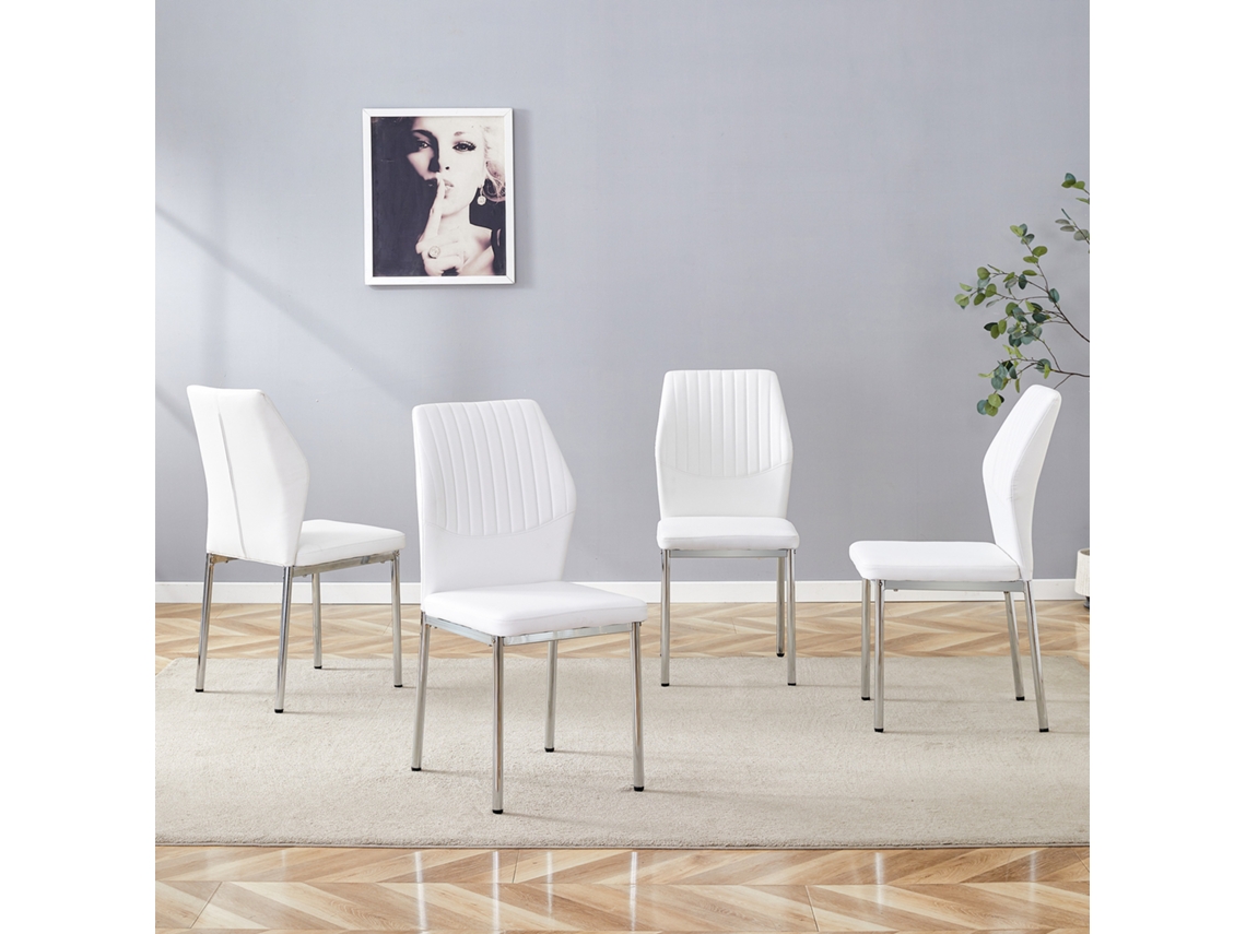Juego De 4 Sillas De Comedor, De Piel Sintética Blanca, Con Relieve Vertical Y Patas Plateadas.