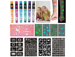 Bolígrafos de tatuaje para niños de 6 colores, juego de bolígrafos de gel para tatuajes, con 4 tatuajes luminosos, 5 plantillas y pegatinas.
