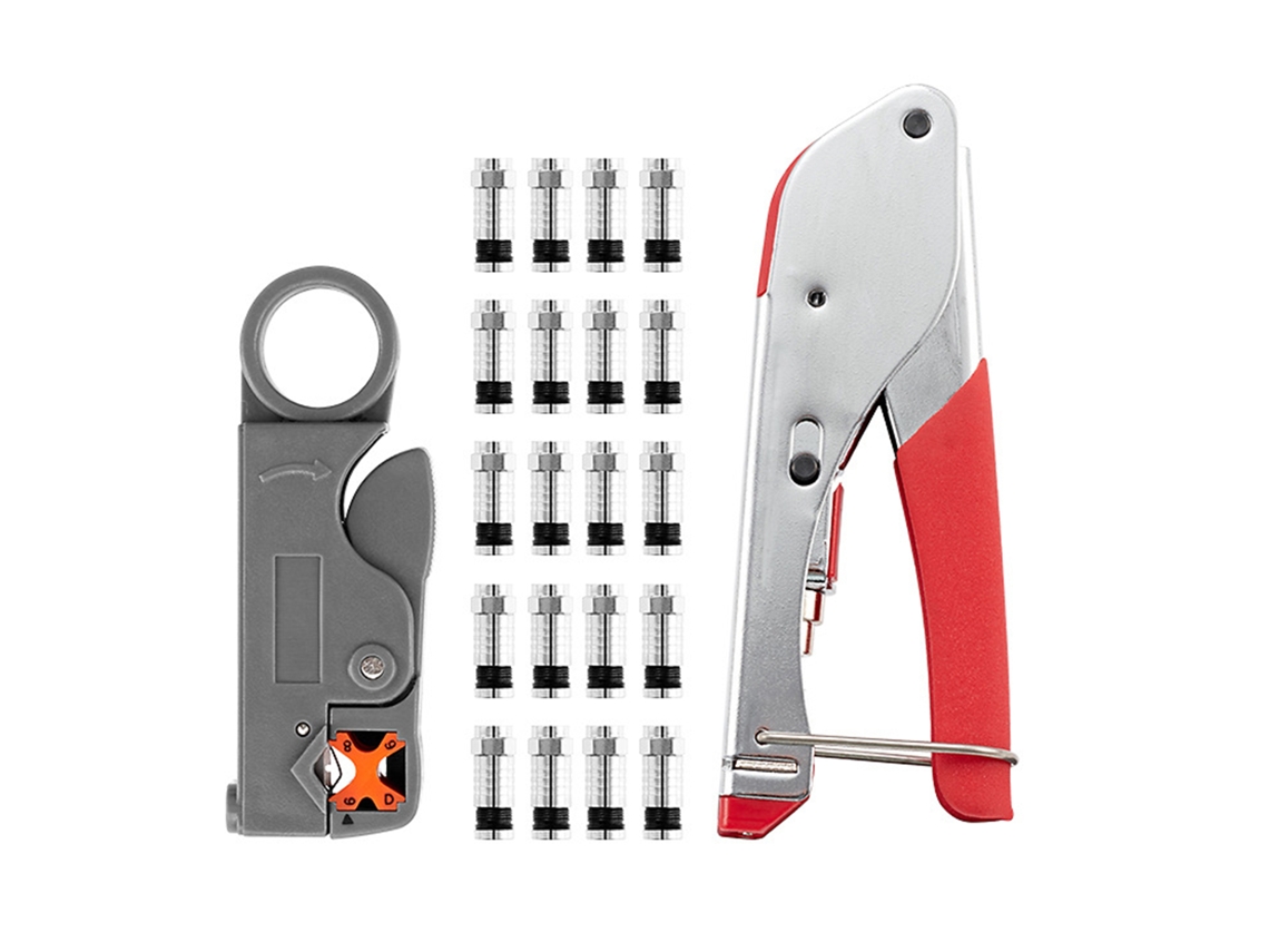Kit De Herramientas Para Cable De Red: Alicates De Crimpado, Pelacables Ajustable Y 20 Conectores F Para Cable Coaxial