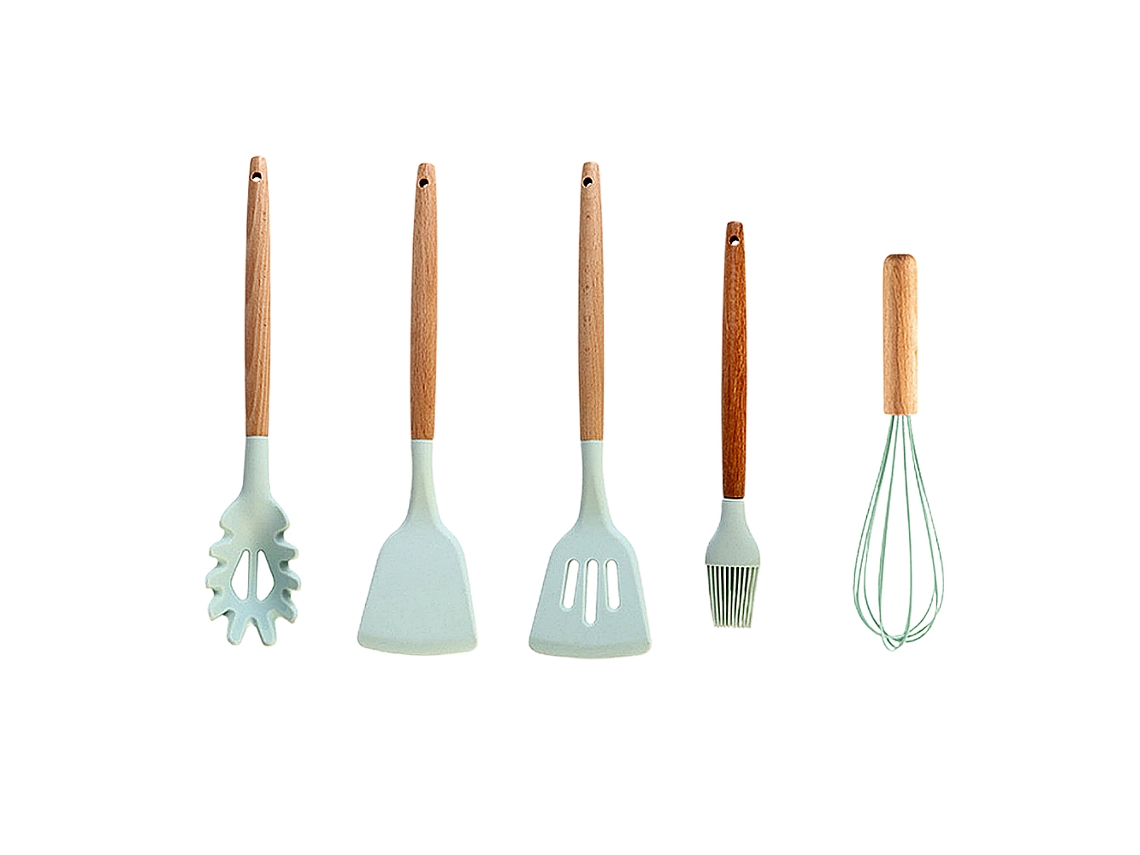 Juego De Utensilios De Cocina De Silicona Con Mango De Madera - Verde Claro JEIIBRZUI