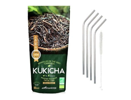 Té orgánico japonés Kukicha 120 g + 4 pajitas de acero inoxidable