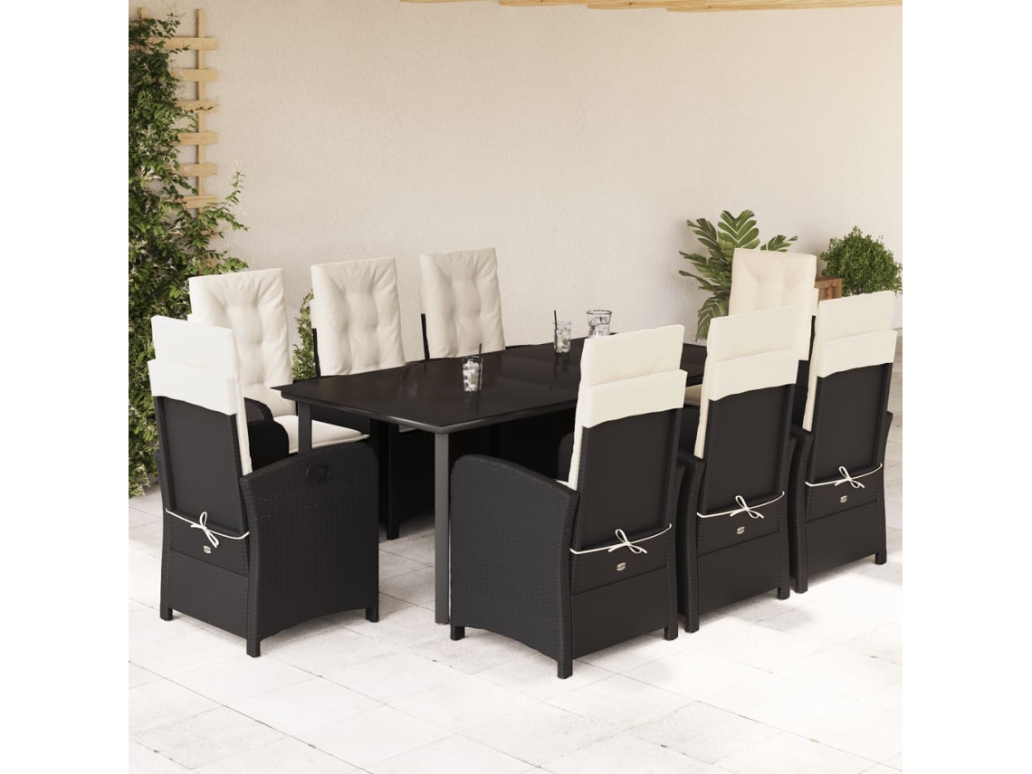 Juego de comedor de jardín de 9 piezas con cojines, mimbre sintético negro, DKD Home Decor