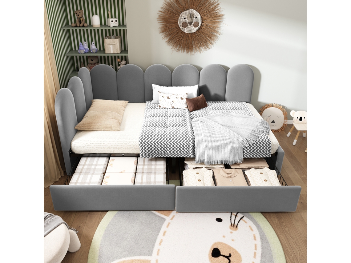 Cama Simple 90x200 Gris, Terciopelo, 2 Cajones, Lamas Incluidas, L-fija, Sin Colchón