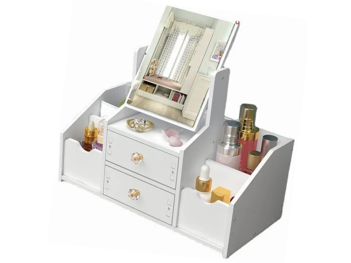 Caja De Almacenamiento De Cosméticos De Plástico Blanco De Gran Capacidad Con Cajón Y Espejo.