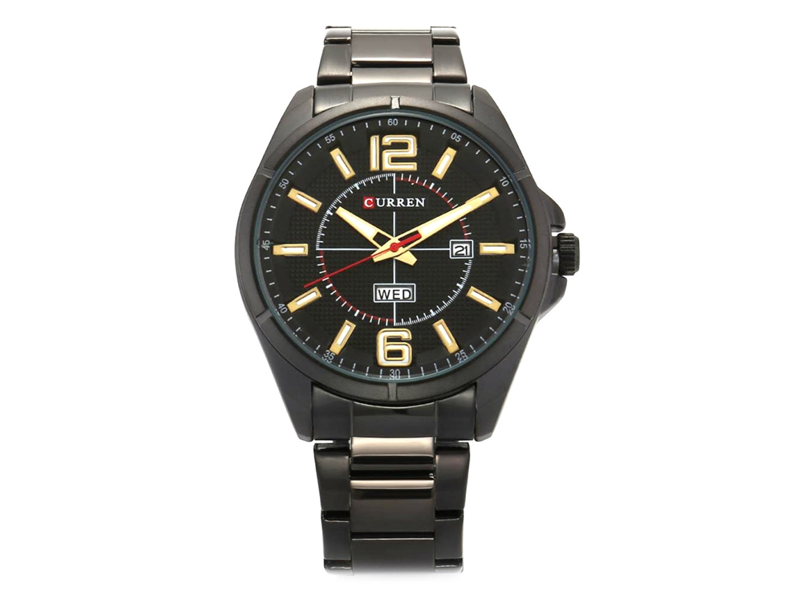 Reloj De Pulsera De Aleación Con Dial Redondo Analógico Negro Y Dorado