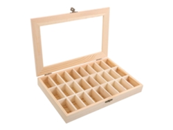 Vitrina de madera maciza con compartimentos para exhibir muestras geológicas.