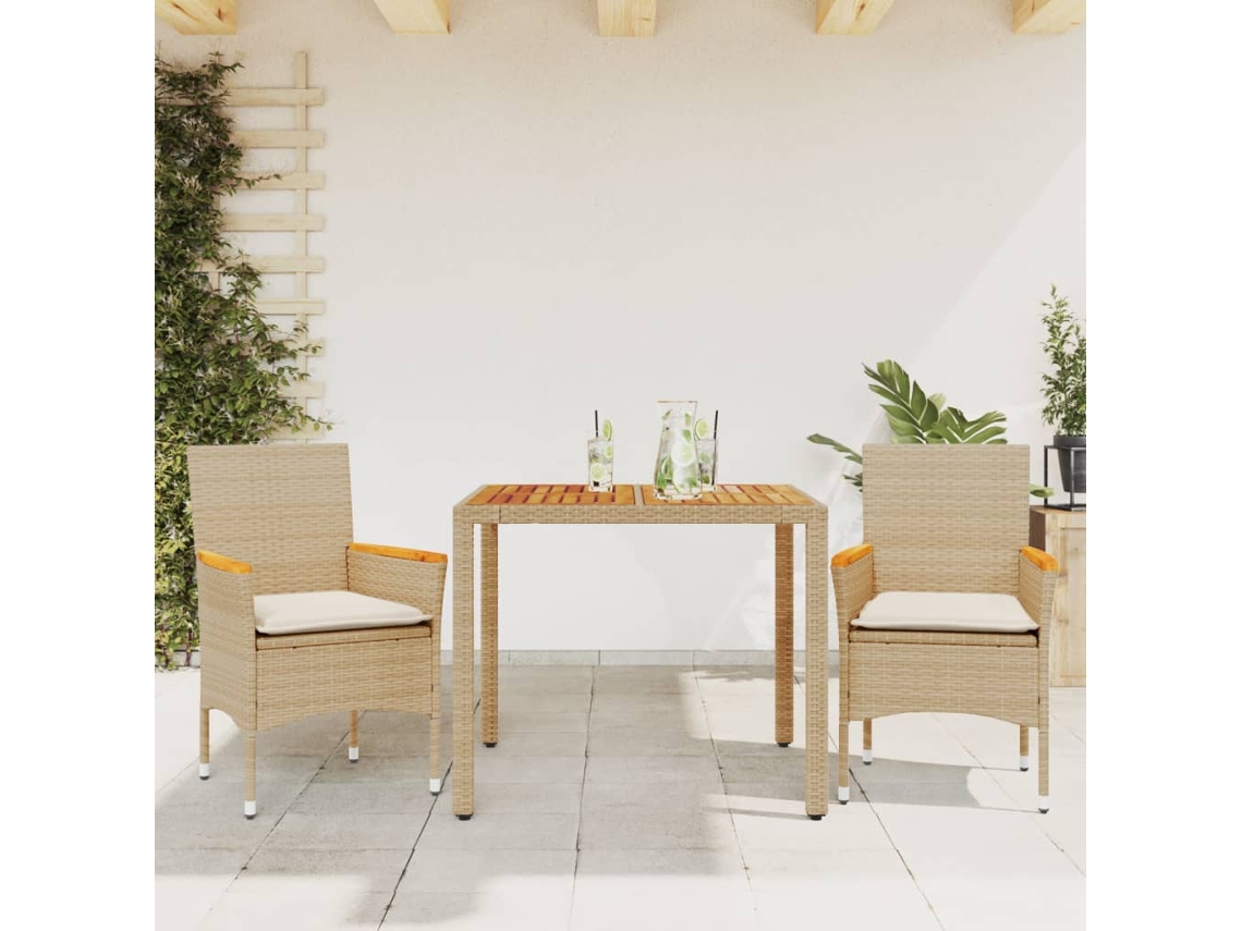 Juego de comedor de jardín de 3 piezas con cojines, mimbre de acacia, beige, Dkd Home Decor