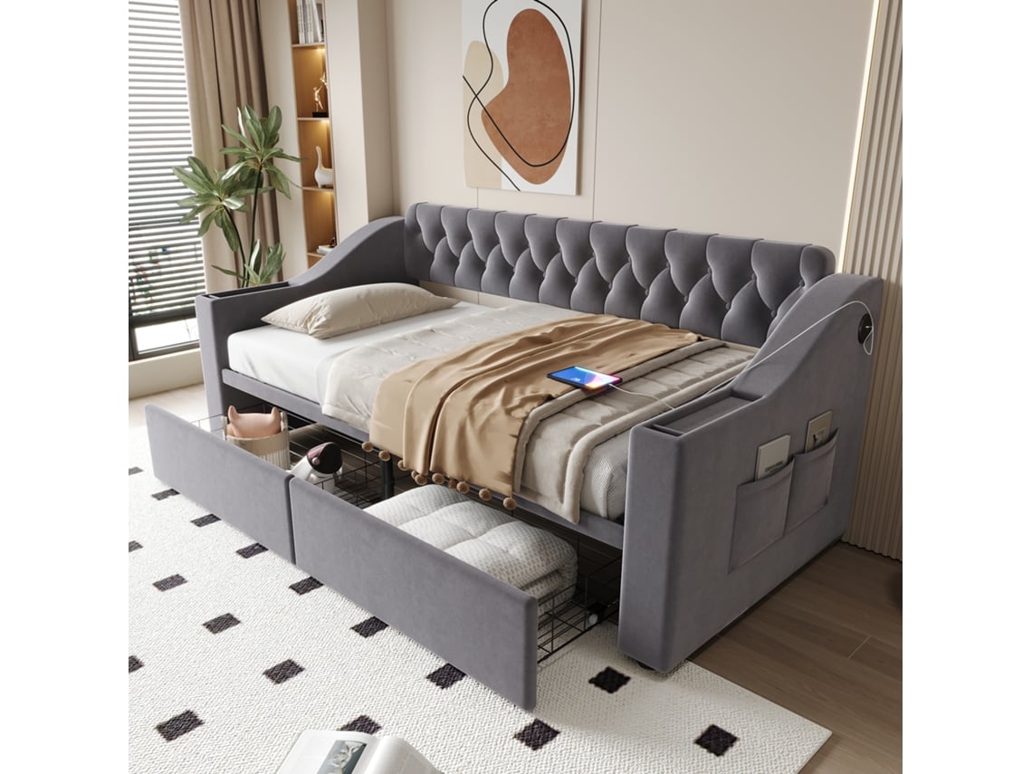 Sofá Cama De 90x190 Cm, Terciopelo Gris Oscuro, Brazos Anchos, Cajones De Almacenamiento Usb.