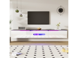 Mueble de TV blanco y negro de 180 cm con superficie lacada brillante, iluminación LED multicolor, montaje en pared.