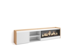 Mueble para TV, 212x35x50cm, para televisores de hasta 80'', chimenea eléctrica XXL, blanco y roble claro.