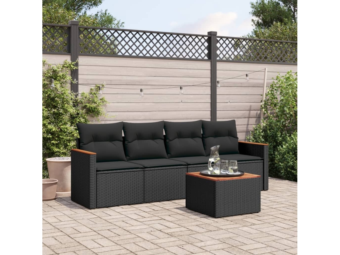Conjunto de 5 sofás de jardín con cojines de mimbre sintético negro, Dkd Home Decor