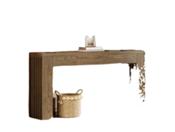 Mesa consola, diseño rústico, superficie amplia, color marrón.