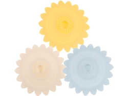 Juego de 3 tapones de silicona para desagües de bañeras, lavabos y duchas. Diseño de girasol (amarillo, azul y verde). Evitan obstrucciones.