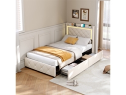 Cama Individual Tapizada De 90 X 200 Cm Con Led, Carga Usb Tipo C Y 2 Cajones, Terciopelo Beige.