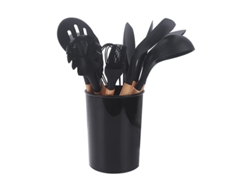 Juego De 11 Utensilios De Cocina De Silicona Con Mangos De Madera Y Cubo De Almacenamiento.