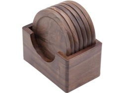2026-41285-set 6 Posavasos De Nogal Natural, Con Portavasos, Decoración Mesa Hogar Oficina