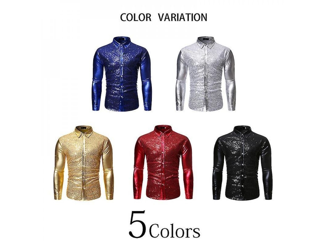 2026-camisa Manga Larga Con Lapel De Lentejuelas Y Estampado Dorado Para Hombre Jou L Rojo