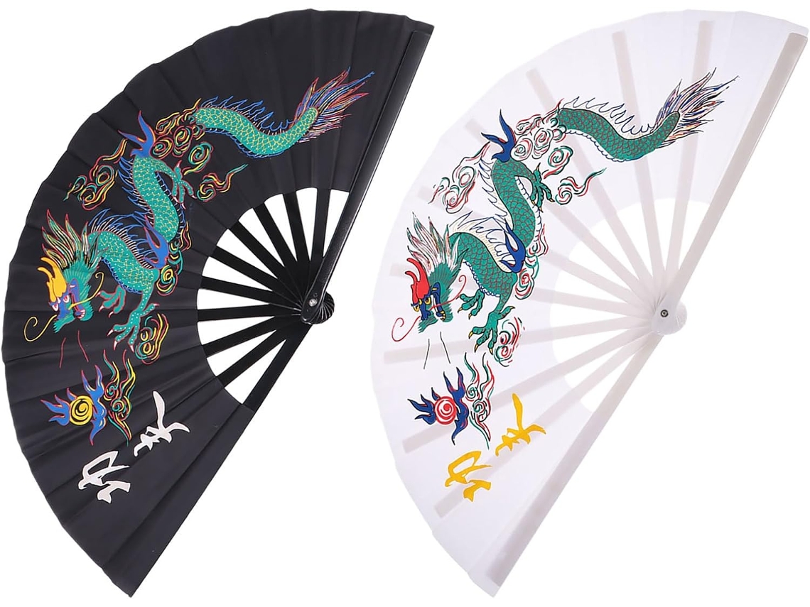 Juego de 2 abanicos plegables chinos de tela plástica con impresionante diseño de dragón, ideales para bailes festivos GOKOCO