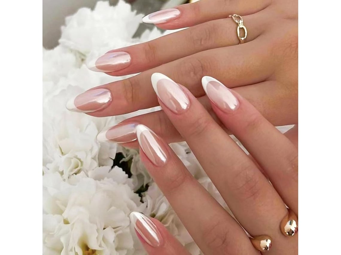 Uñas Postizas Acrílicas Con Punta Francesa, Acabado Nude Brillante, Con Pegamento Para Mujer.