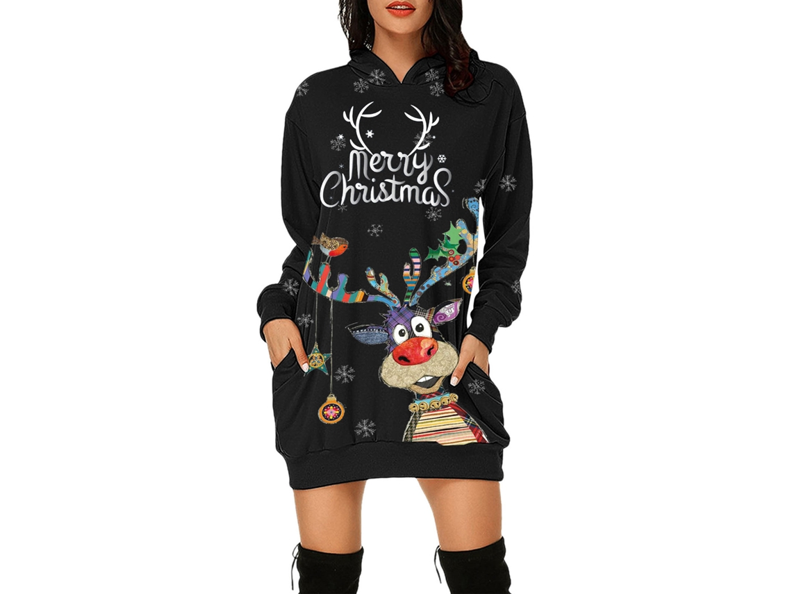 2026altiro-vestido Sudadera Con Capucha Para Mujer Impreso Navideño Manga Larga Casual Suelta Negro Elks Talla L