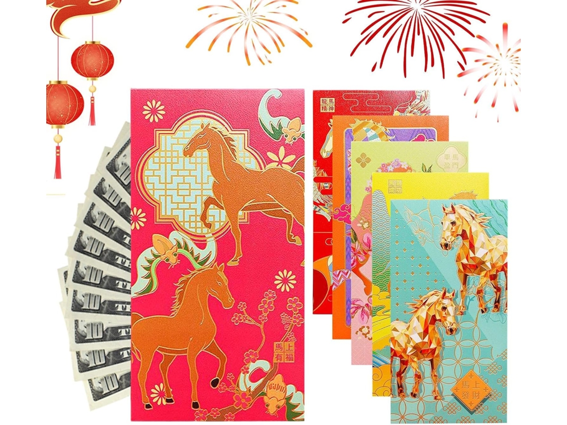 Sobres rojos para dinero, juego de 6 con estampado de caballos, plantillas para cortar papel 2026